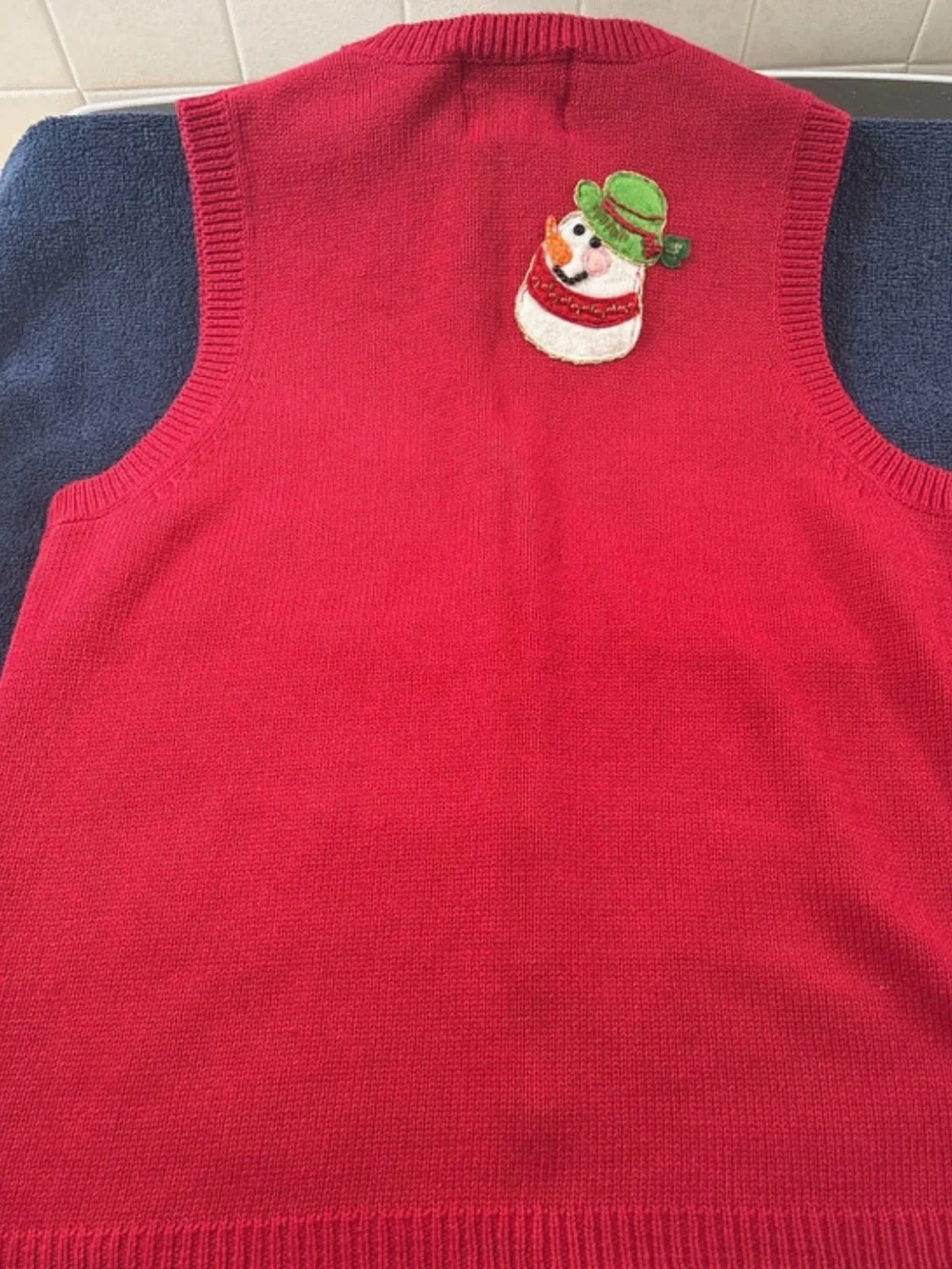 Vintage Tiara Red women’s holiday Sweater Vest with Snowman Appliqué